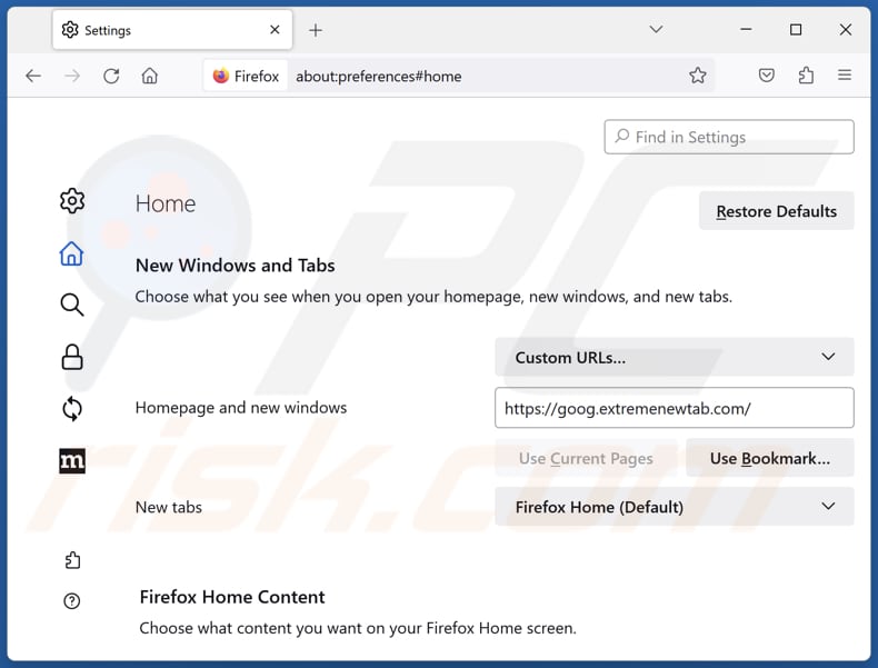 Suppression de extremenewtab.com de la page d'accueil de Mozilla Firefox