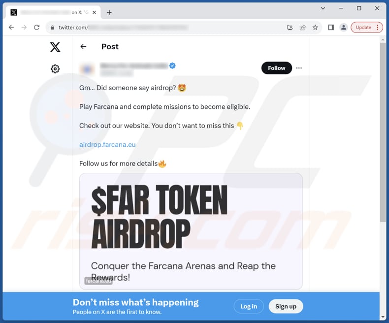 FAR TOKEN AIRDROP message frauduleux sur X (Twitter)