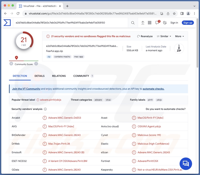 publiciel Fearful.app détections sur VirusTotal