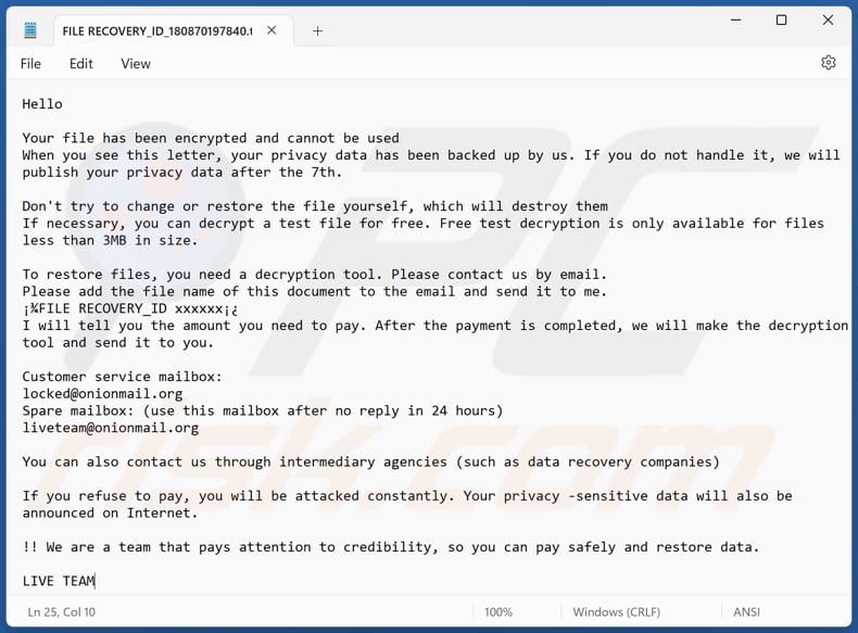fichier texte de rançongiciel LIVE TEAM (FILE RECOVERY_ID_[victim's_ID].txt)
