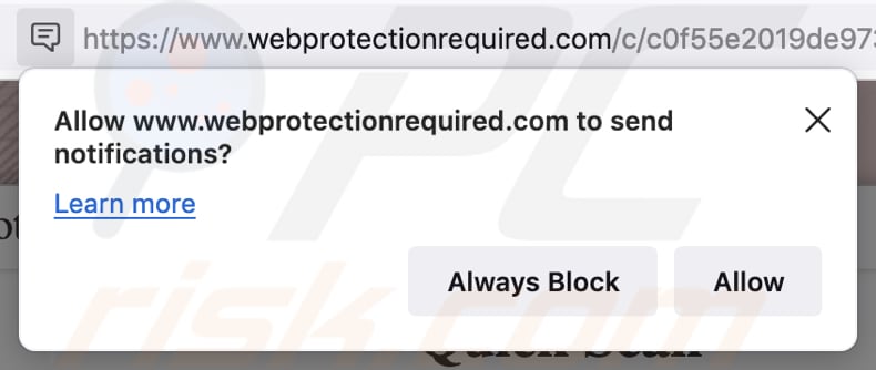 MacOS Is Infected - Virus Found Notification Scam site Web demandant l'autorisation d'envoyer des notifications sur Firefox
