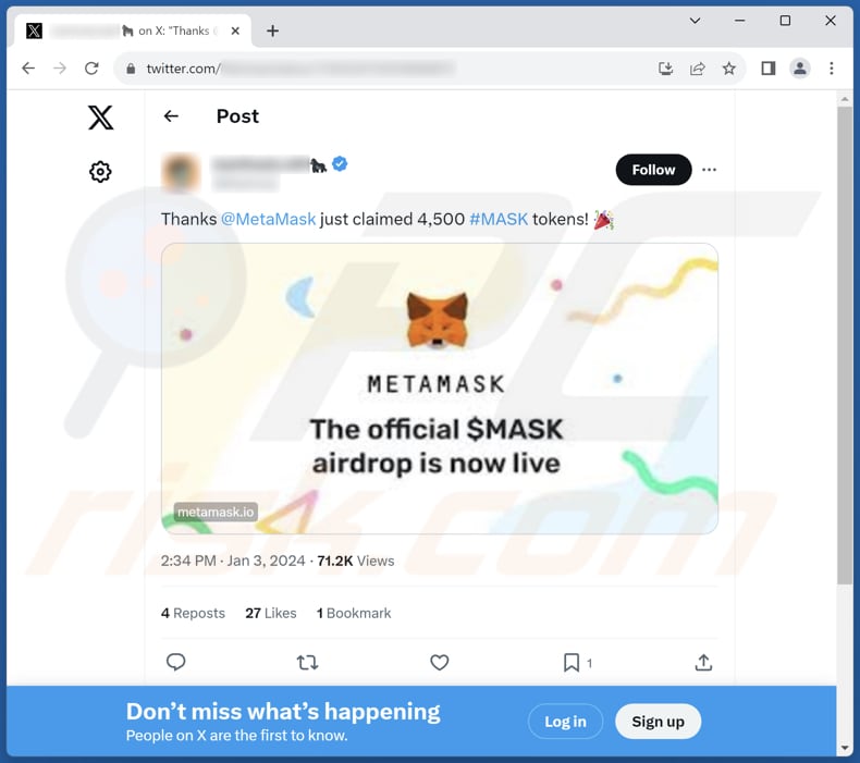 Mask token airdrop arnaque X (Twitter) message faisant la promotion de l'arnaque