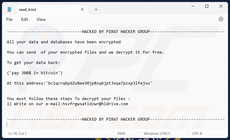 fichier texte du rançongiciel PIRAT HACKER GROUP (read_it.txt)
