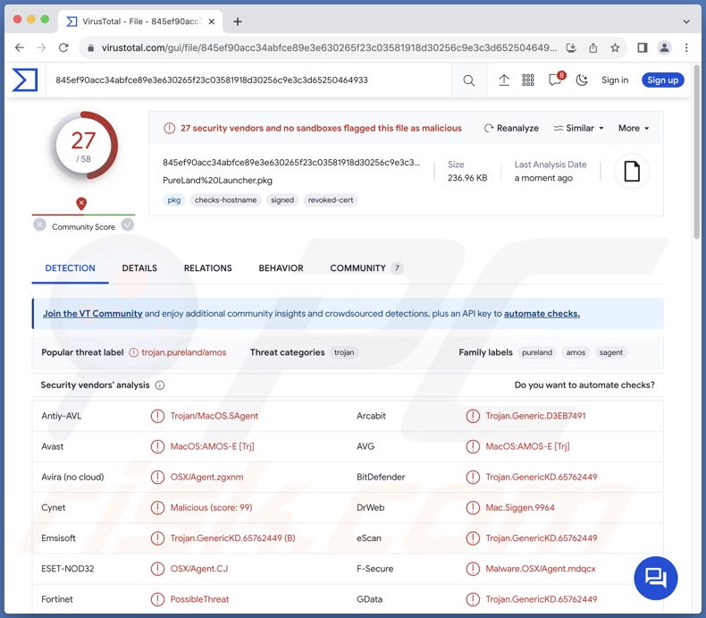 PureLand détections de logiciels malveillants sur VirusTotal