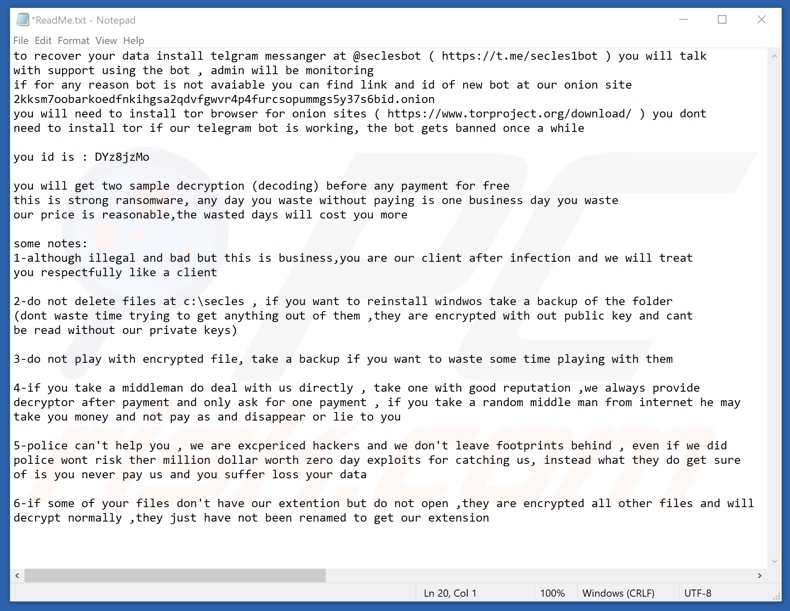 fichier texte du rançongiciel Secles (ReadMe.txt)