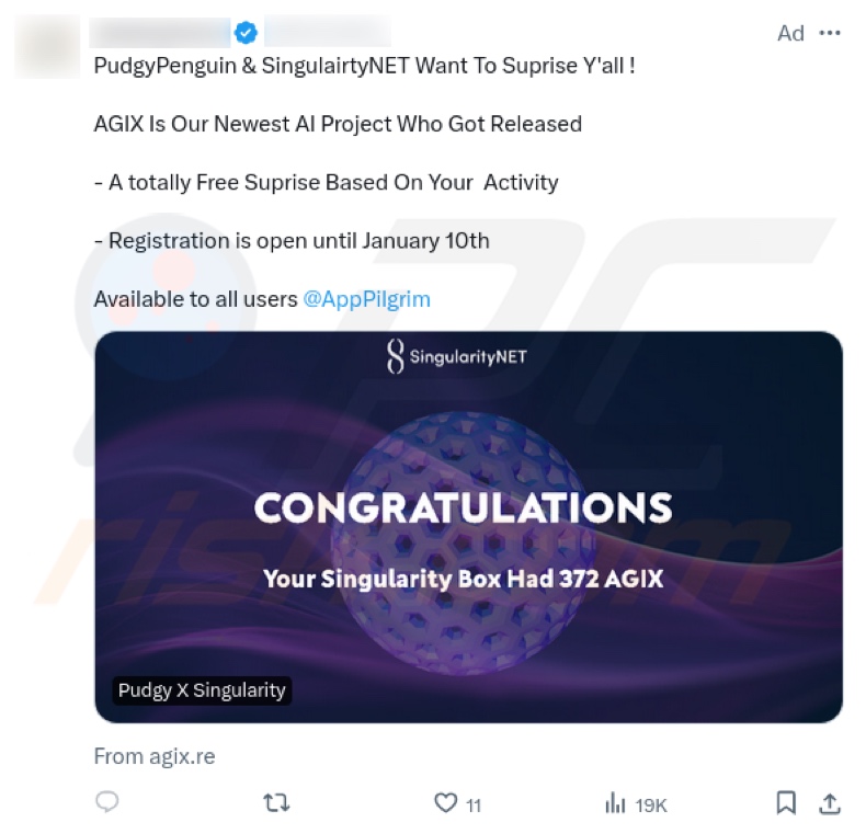 SingularityNET - AGIX scam promoted on X (Twitter)