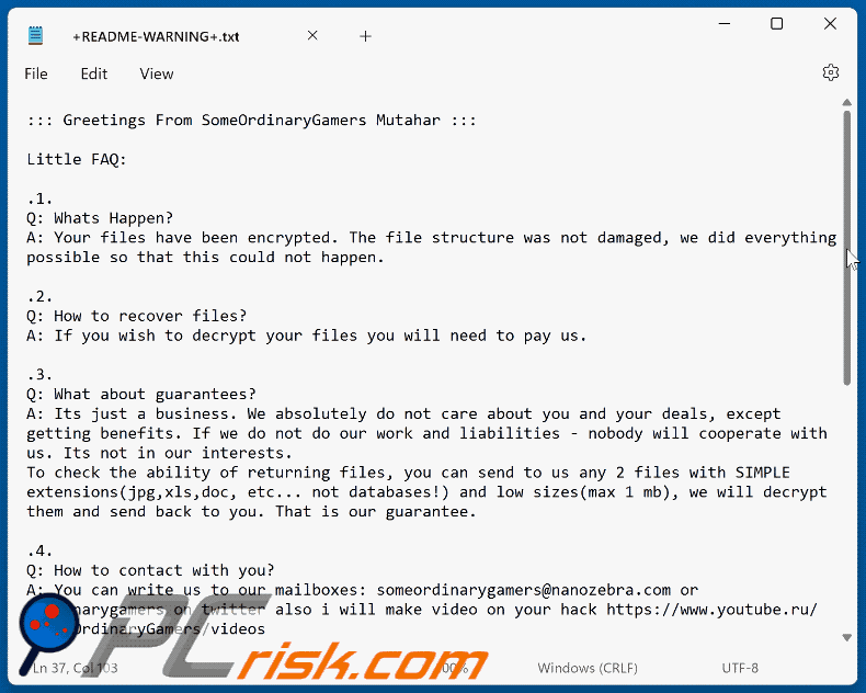 note de rançon pour ransomware SomeOrdinaryGamers Mutahar (+README-WARNING+.txt)
