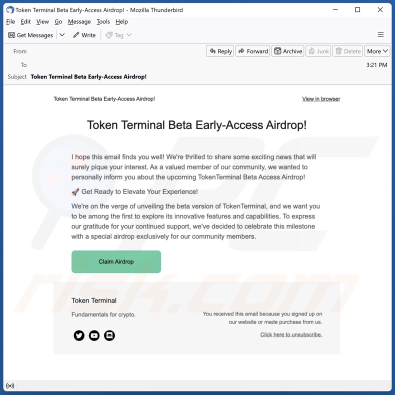 courriel de spam faisant la promotion de l'arnaque Token Terminal's Airdrop