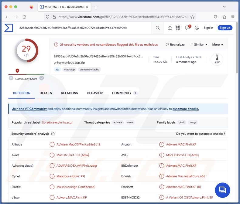 Unharmonious.app détections de logiciels publicitaires sur VirusTotal