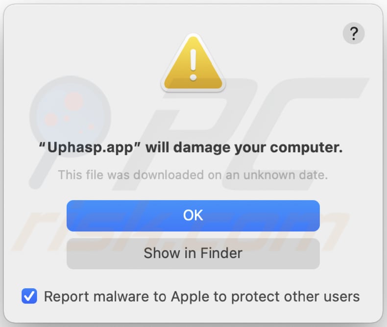 uphasp.app avertissement de logiciel publicitaire avant l'installation