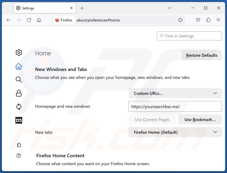Suppression de yoursearchbar.me de la page d'accueil de Mozilla Firefox