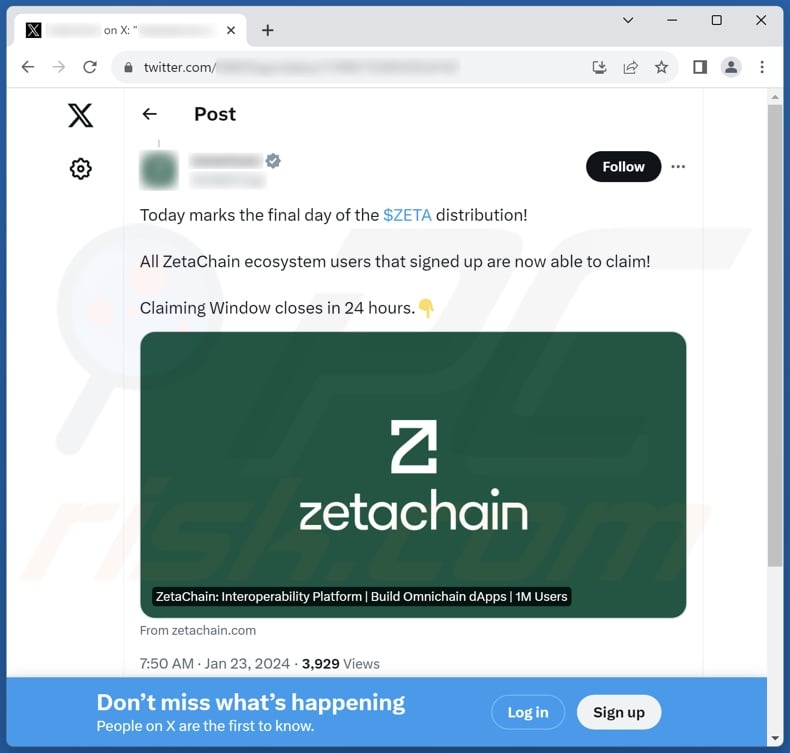 message promouvant l'arnaque ZetaChain Airdrop sur la plateforme de médias sociaux X