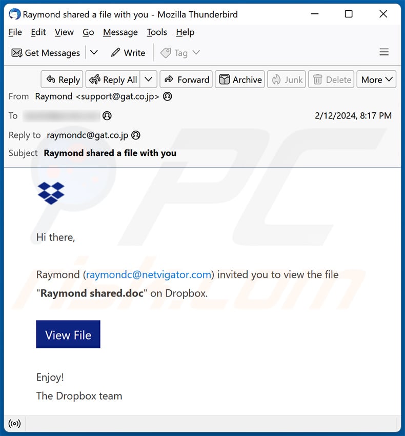 A File Was Shared With You Via Dropbox escroquerie par courriel (2024-02-13)