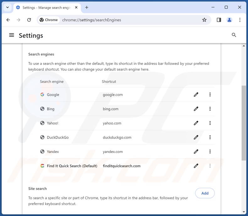 Suppression de finditquicksearch.com du moteur de recherche par défaut de Google Chrome