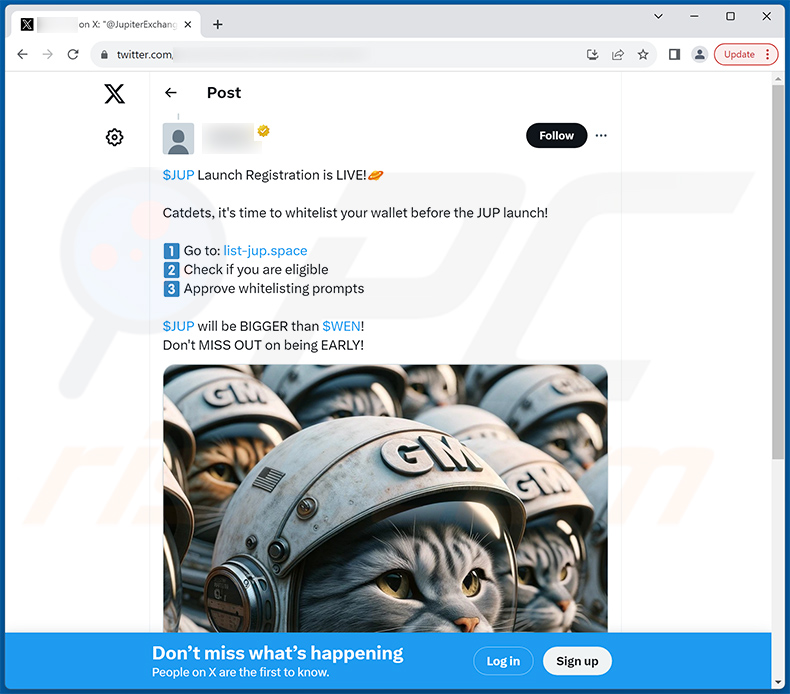 X (Twitter) publication faisant la promotion du site Web frauduleux Jupiter Airdrop - listed-jup[.]space