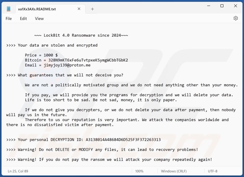 fichier texte du rançongiciel LockBit 4.0 (xa1Xx3AXs.README.txt)