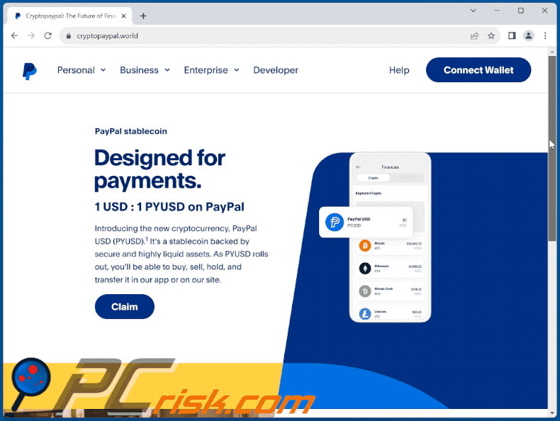 Apparence de l'arnaque PayPal Stablecoin (GIF)