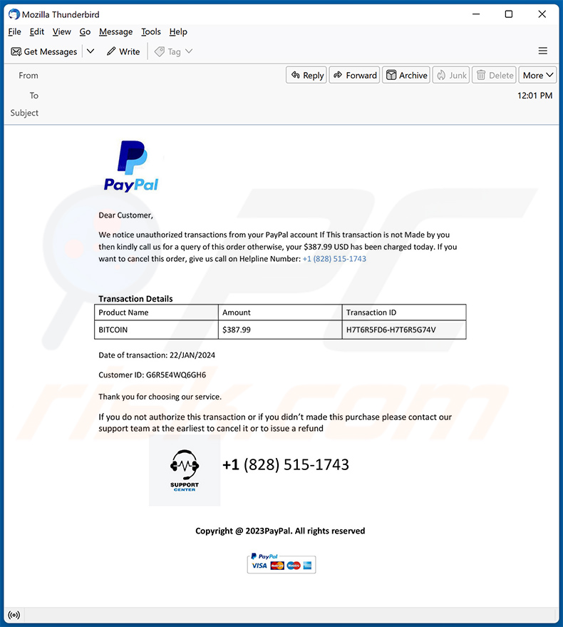 PayPal - Unauthorized Transaction Email Scam (2024-02-04)