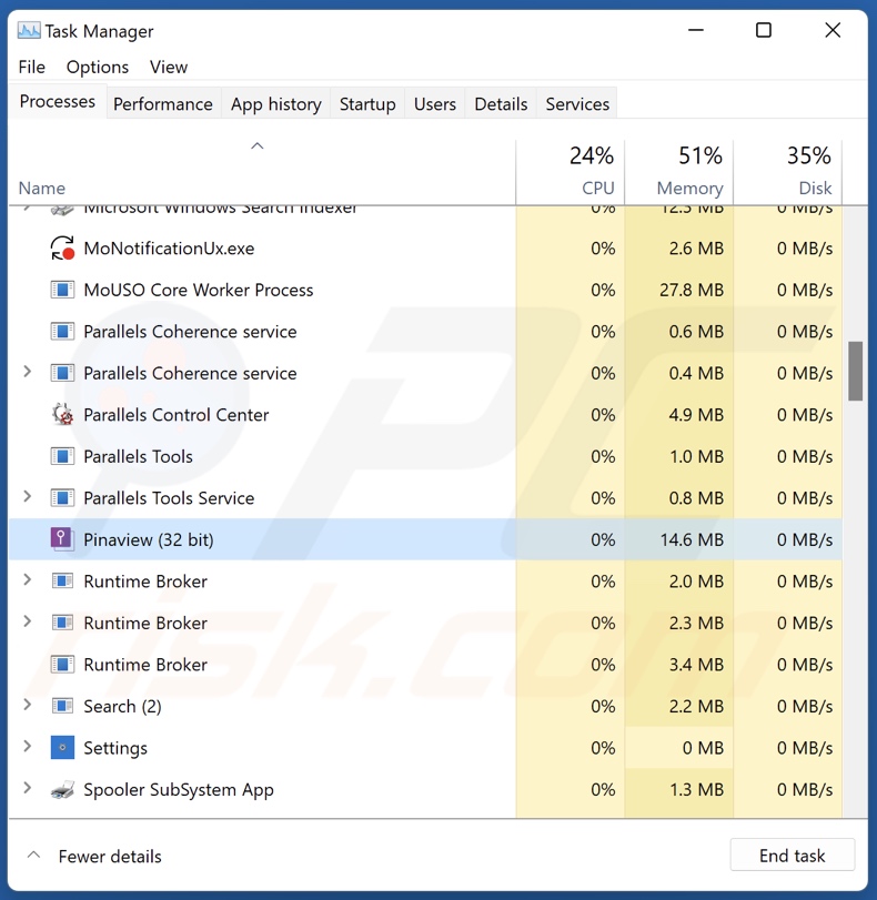 Pinaview PUA process on Task Manager (Pinaview - process name)