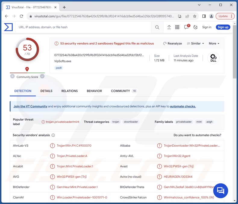 PrivateLoader détections de logiciels malveillants sur VirusTotal