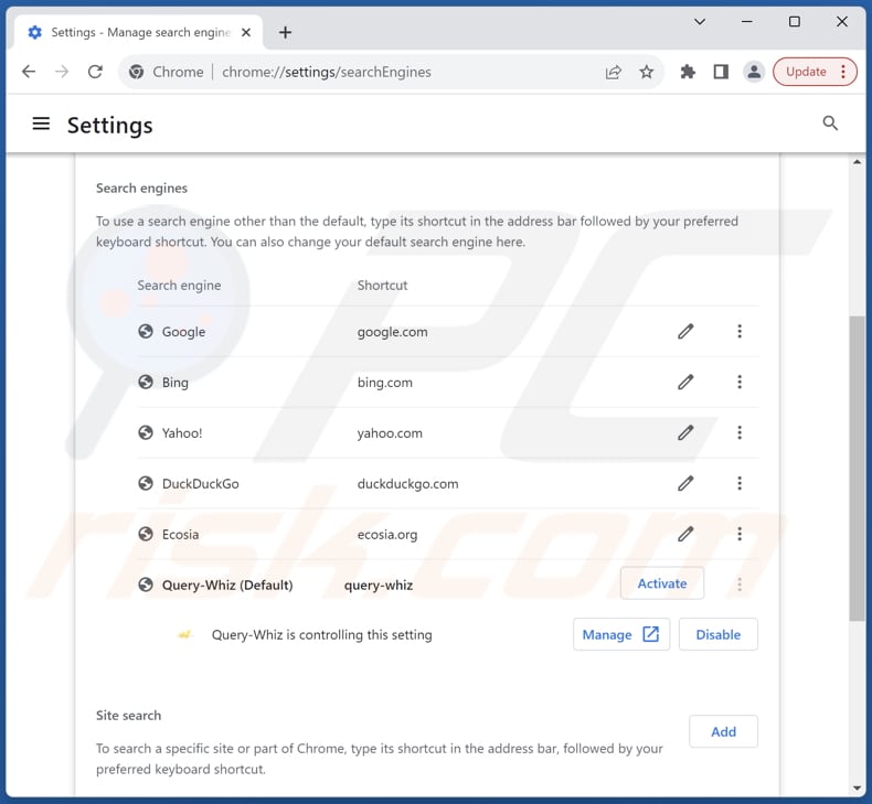 Supprimer query-whiz.com du moteur de recherche par défaut de Google Chrome
