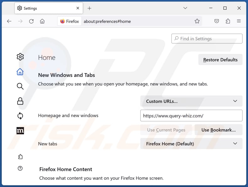 Supprimer query-whiz.com de la page d'accueil de Mozilla Firefox