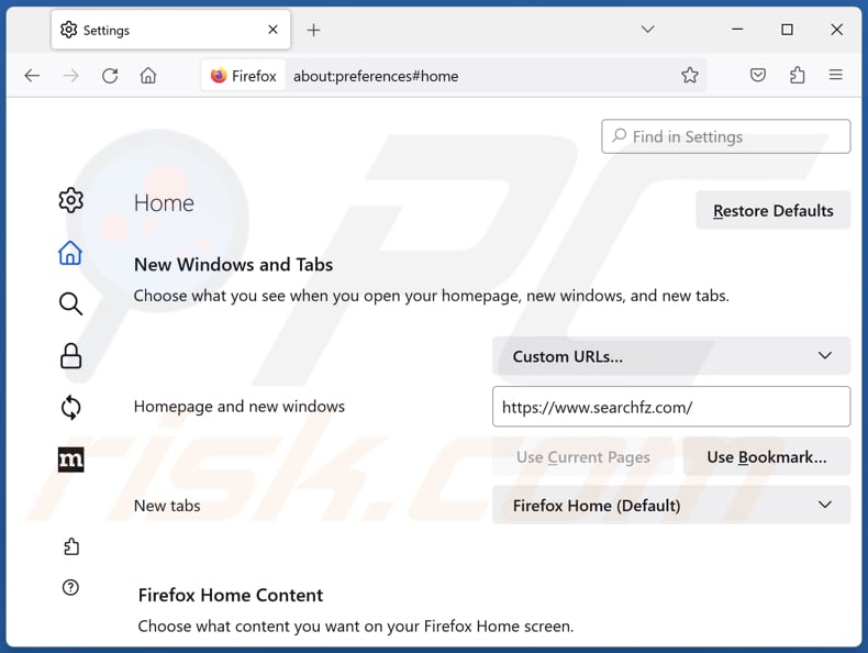 Suppression de searchfz.com de la page d'accueil de Mozilla Firefox