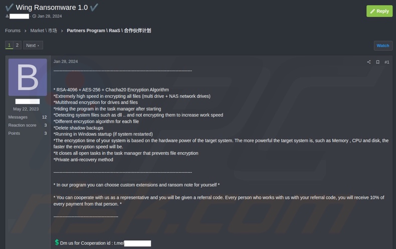 Post on a hacker forum seeking partners for Wing ransomware