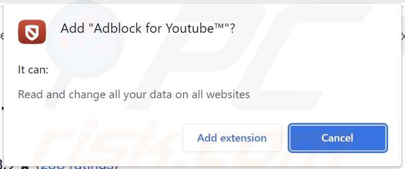 Adblock pour Youtube demandant diverses autorisations