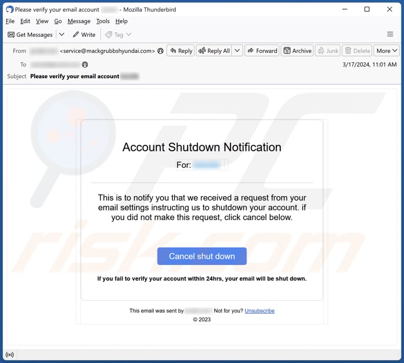 Account Shutdown Notification email spam campagne