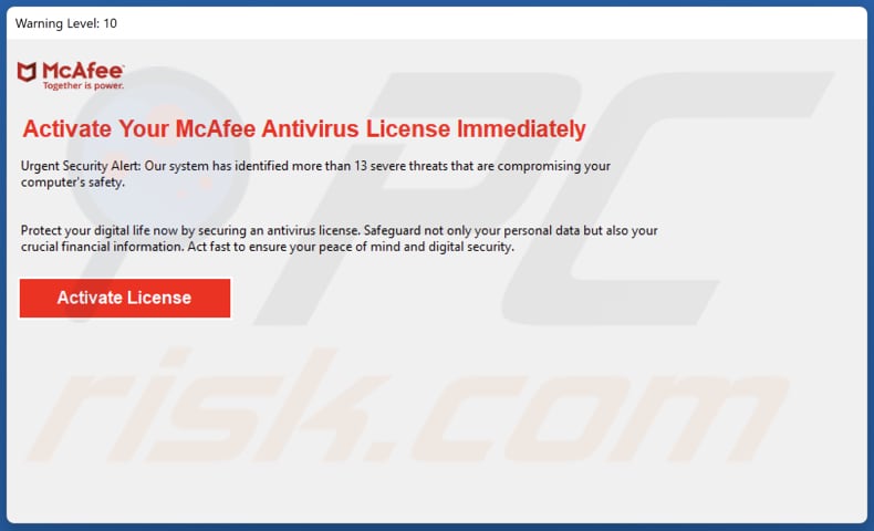 Arnaque Activate Your McAfee Antivirus License