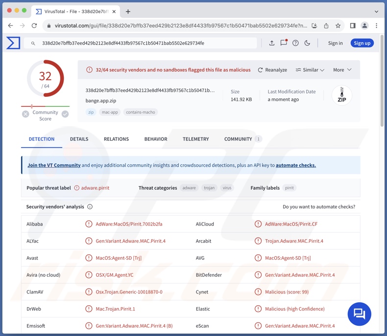 Bande.app détections de logiciels publicitaires sur VirusTotal