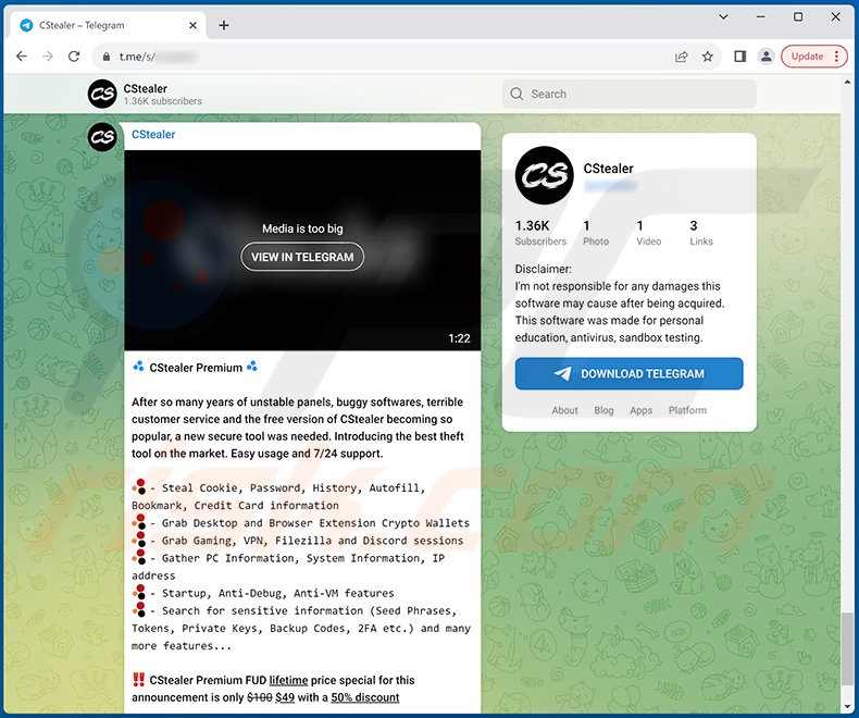 compte Telegram utilisé pour promouvoir CStealer