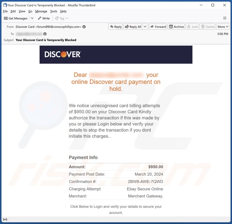 Discover Card Payment On Hold email spam campagne