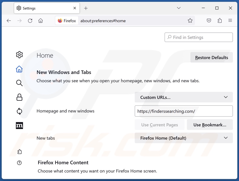 Suppression de finderssearching.com de la page d'accueil de Mozilla Firefox