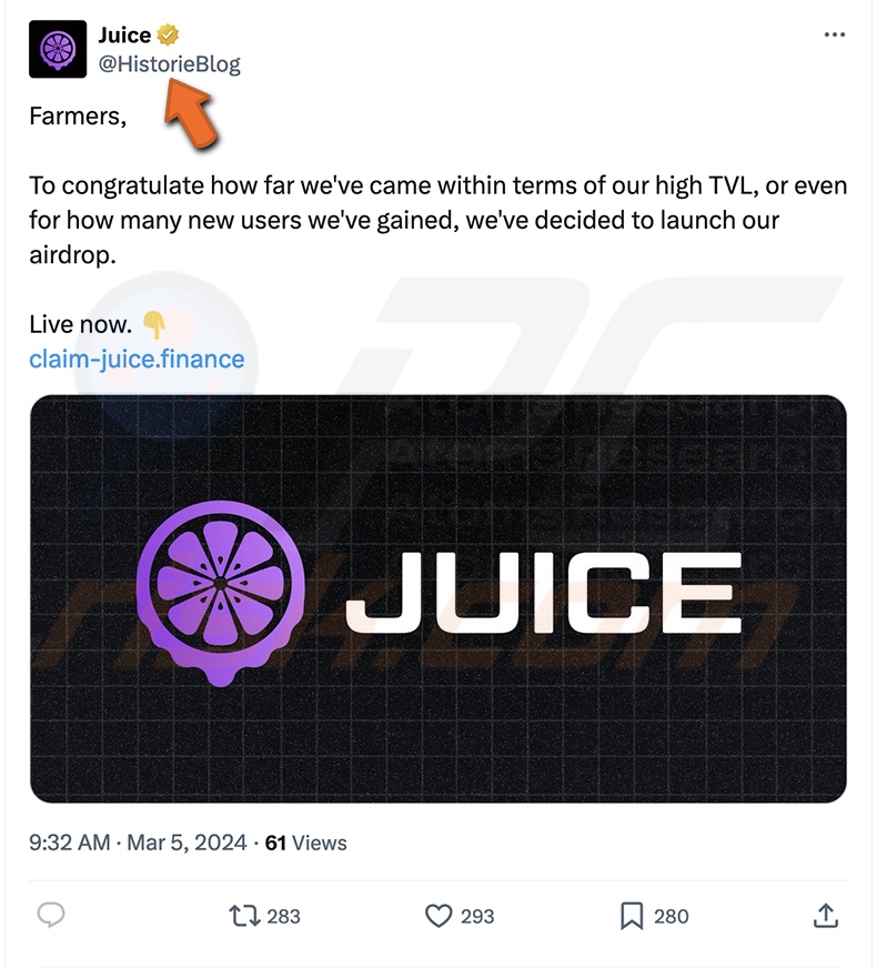 post de X (anciennement Twitter) approuvant l'arnaque Juice Finance's Airdrop