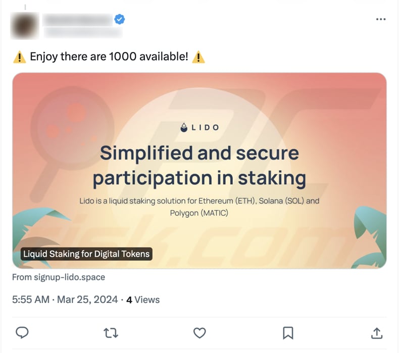 Message sur X (Twitter) faisant la promotion de cette arnaque LIDO staking