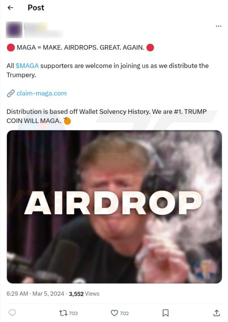 Post sur X (Twitter) promouvant cette arnaque MAGA Airdrop