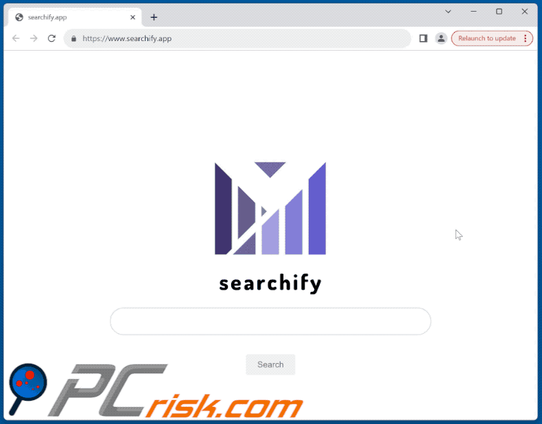 Apparence de Searchify PUA a promu le site Web searchify.app redirigeant vers Bing (GIF)