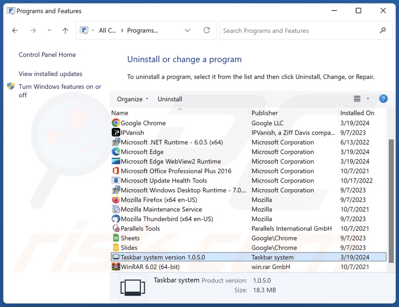 Désinstallation du système de la barre des tâches via le panneau de configuration