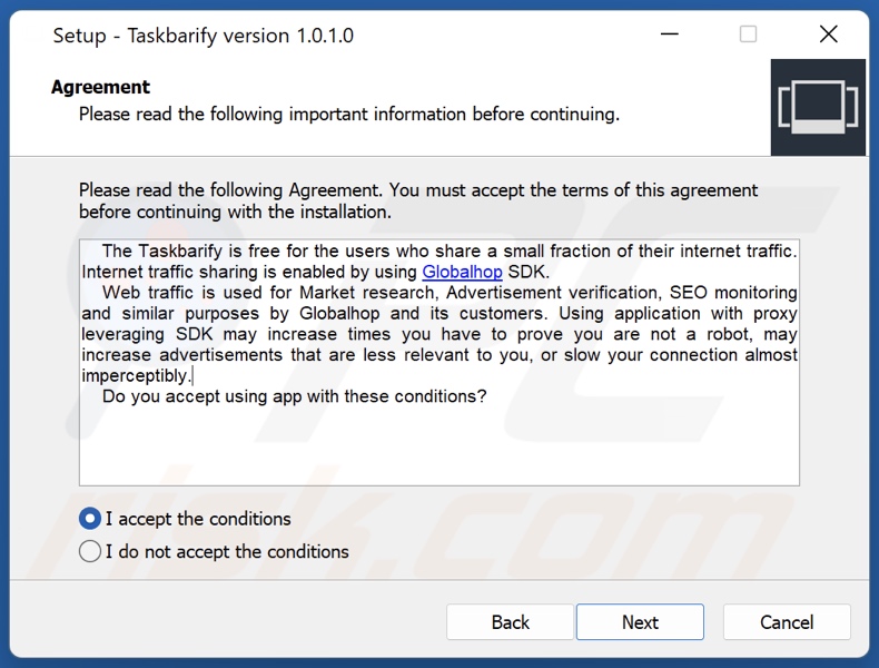 Configuration de l'installation de l'application Taskbarify PUA
