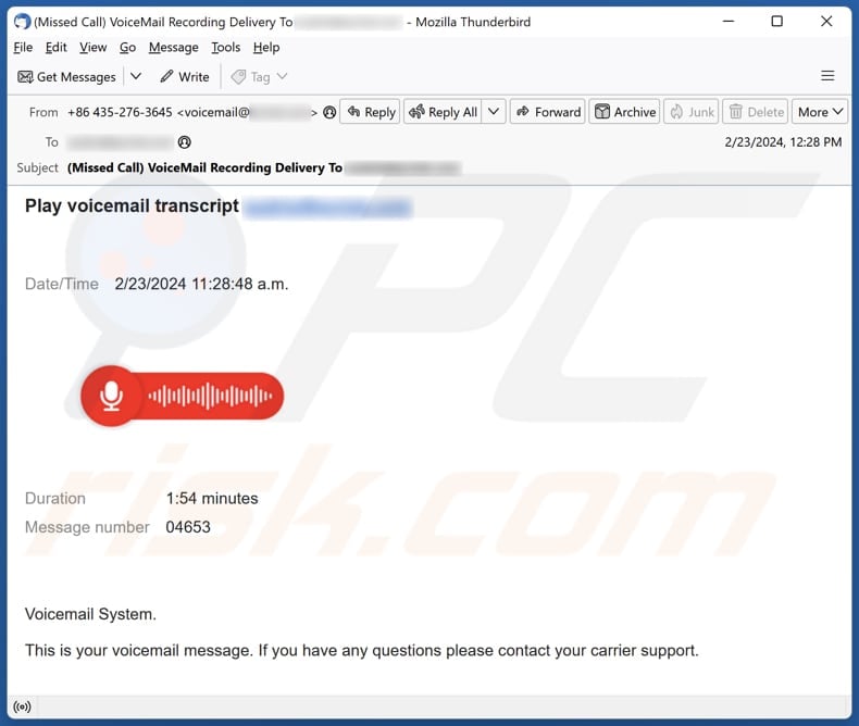 campagne de spam par courrier électronique Voicemail Transcript