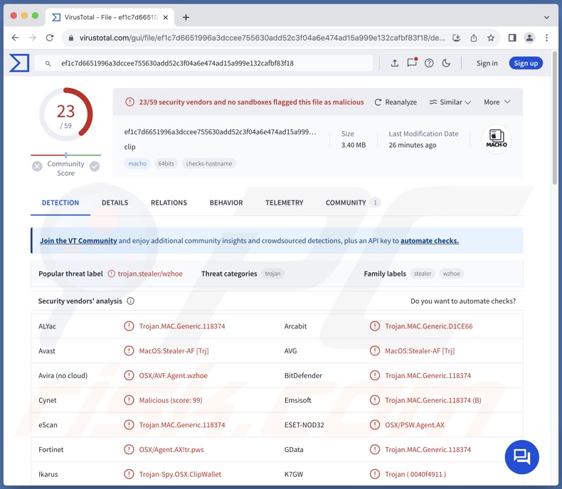 Détections de logiciels malveillants ClipWallet sur VirusTotal