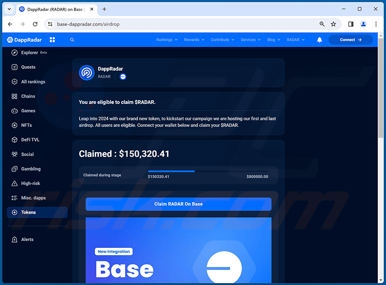 DappRadar Airdrops site web du draineur d'escroquerie (base-dappradar[.]com)