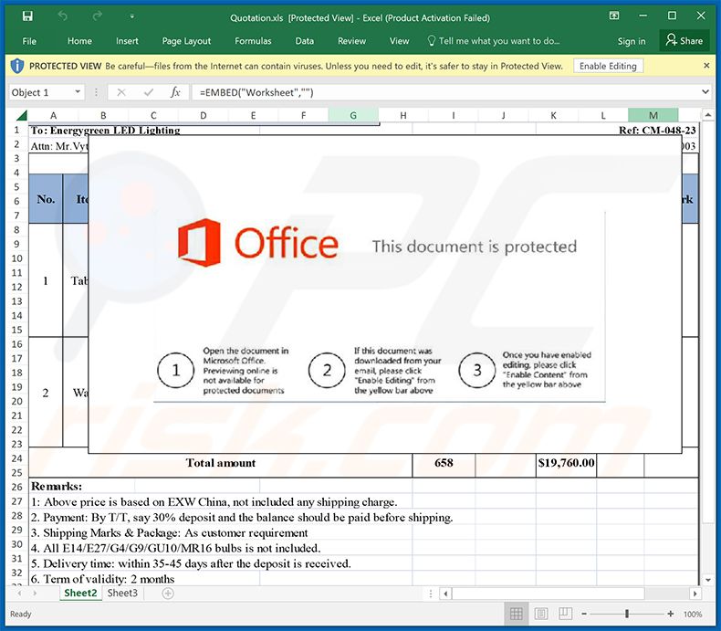Document MS Excel malveillant distribué par le biais d'une escroquerie par courrier électronique sur le prix final (2024-04-08)