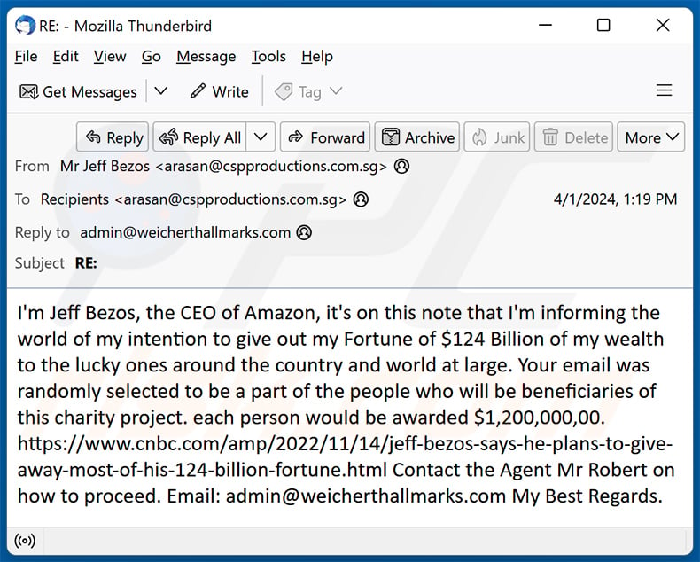 Jeff Bezos Charity Project email scam (2024-04-05)