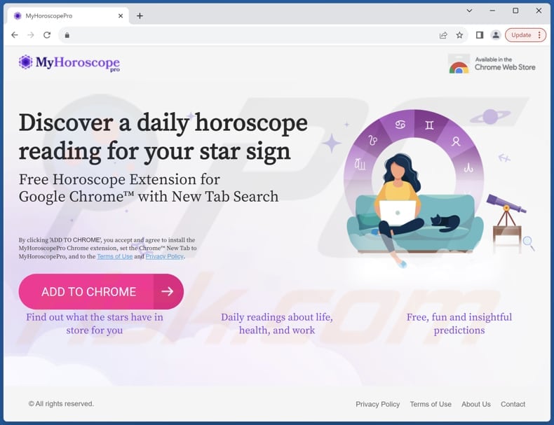 Site Web utilisé pour promouvoir le pirate de navigateur My Horoscope Pro