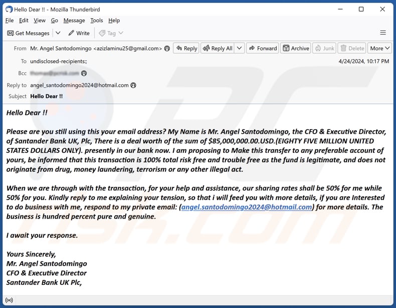 Santander Bank Deal Campagne de spam par courrier électronique