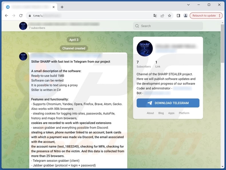 Le logiciel malveillant Sharp promu sur Telegram