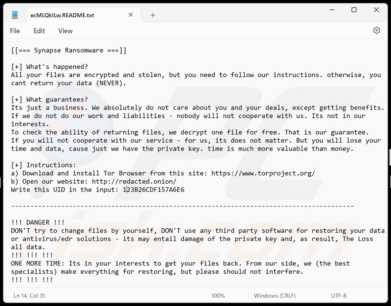 Synapse ransomware note de rançon ([random_string].README.txt)